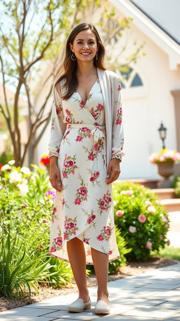 A woman wearing a floral wrap dress with a cardigan, smiling outdoors in a garden.