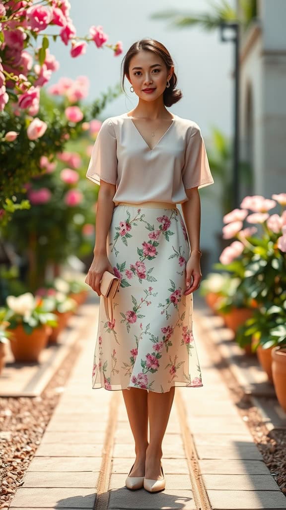 A woman wearing a floral midi skirt and a pastel top, standing in a garden filled with blooming flowers.