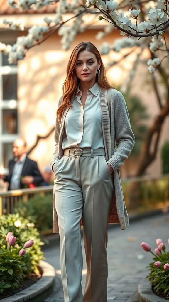 A woman in pastel trousers, a blouse, and a cardigan stands among blooming flowers.