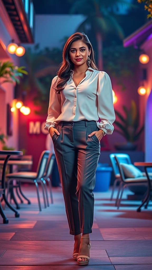 A woman in a puff-sleeve blouse and tailored pants with sandals, standing in a vibrant outdoor setting.