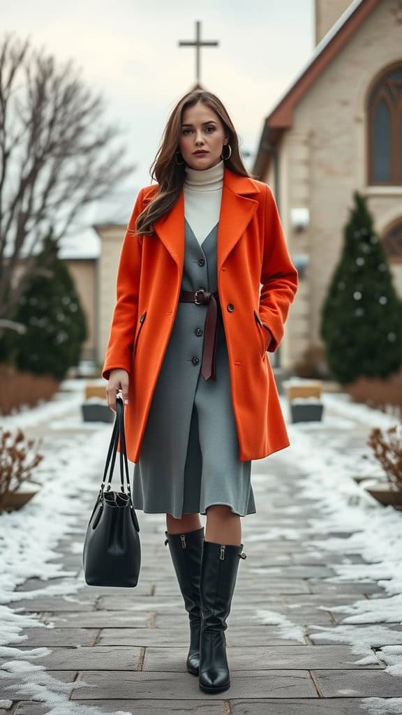 A woman in a vibrant orange coat over a grey dress, wearing black knee-high boots, walking outside a church in winter.