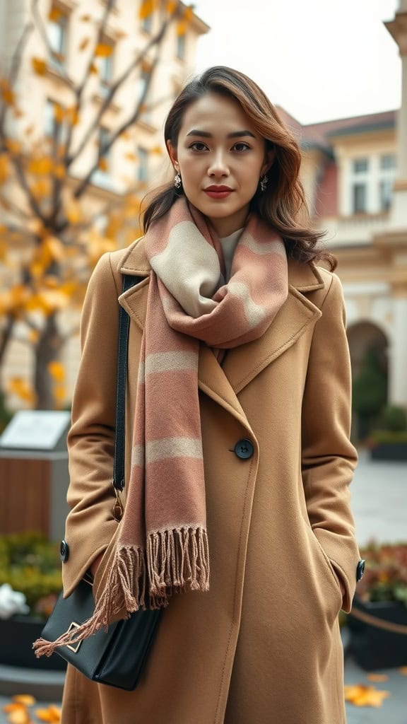 A woman wearing a camel coat and a scarf, embodying a modest old money vibe.