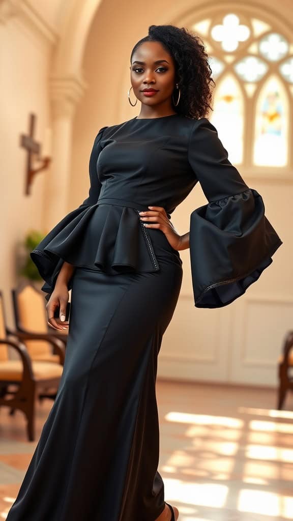 A woman wearing a dramatic sleeve black dress, showcasing a bold and elegant church outfit.