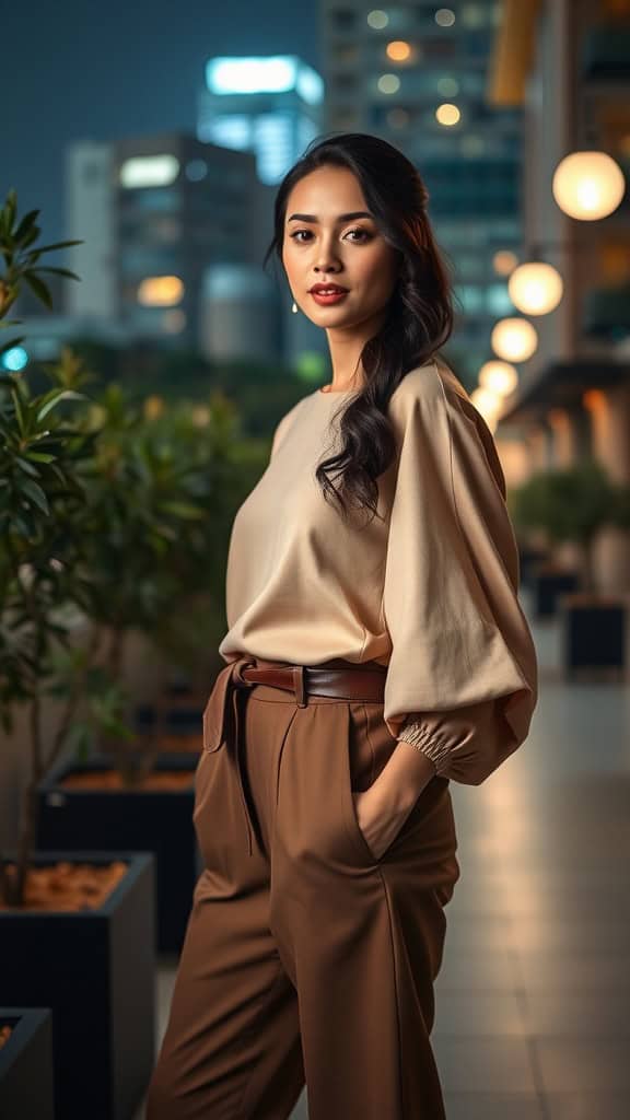 A woman wearing a beige statement sleeve top and brown high-waisted trousers in a stylish urban setting at night.