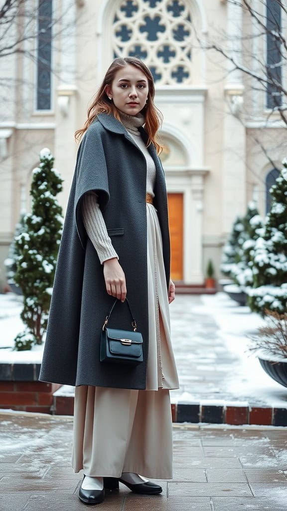 A woman wearing a dark cape coat over a light dress, standing outside a church in winter.