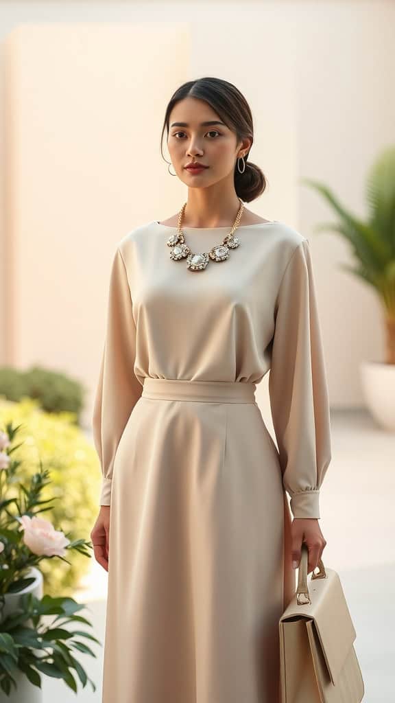 A woman wearing a straight-cut dress with a statement necklace in a minimalist setting.