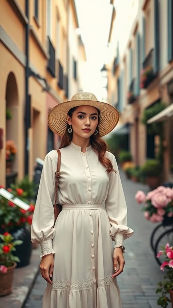 Woman wearing a long sleeve dress and straw hat in a European street