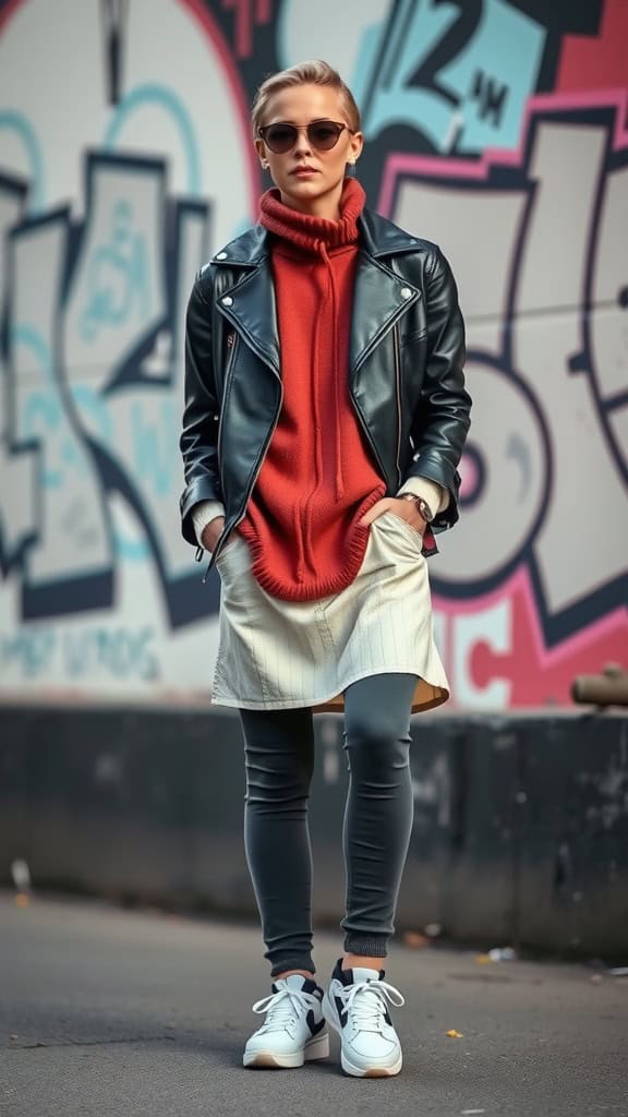 A model in an oversized sweater layered with a leather jacket, wearing tailored pants and sneakers in a city street.