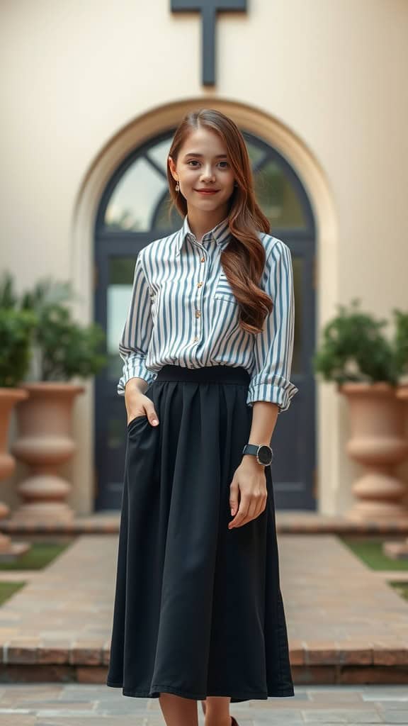 A teenage girl wearing a striped button-down shirt and a black skirt, standing in front of a church entrance.