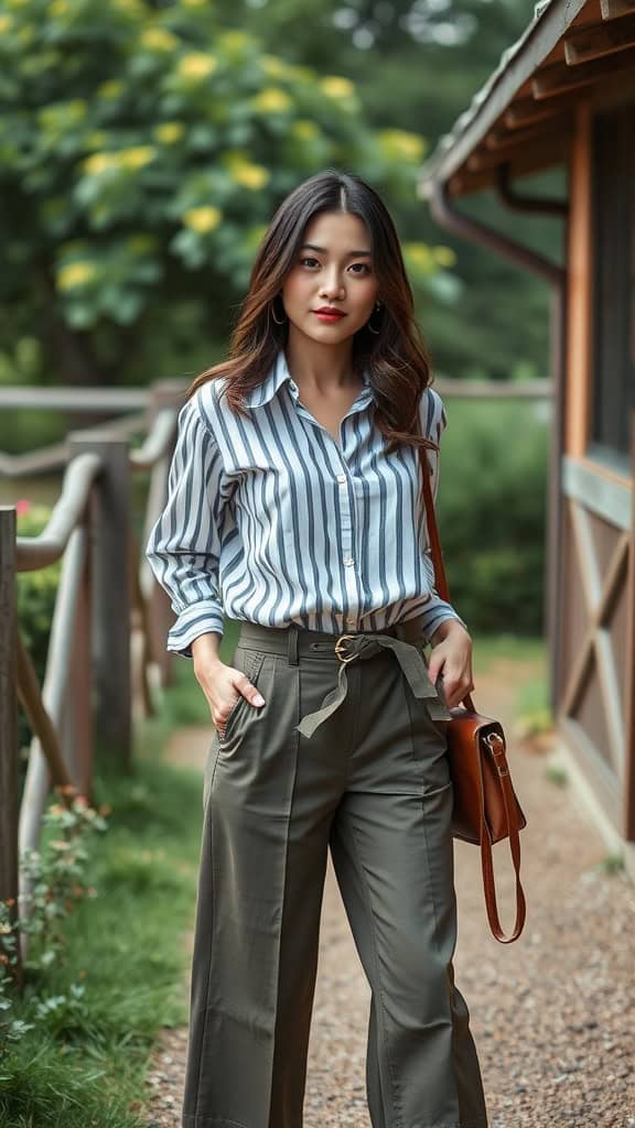 A woman wearing a striped button-down shirt and cropped wide-leg pants, posing outdoors.