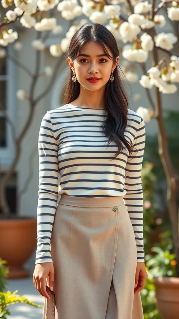 A young woman wearing a striped long-sleeve tee and a high-waisted skirt, standing in front of flowering trees.