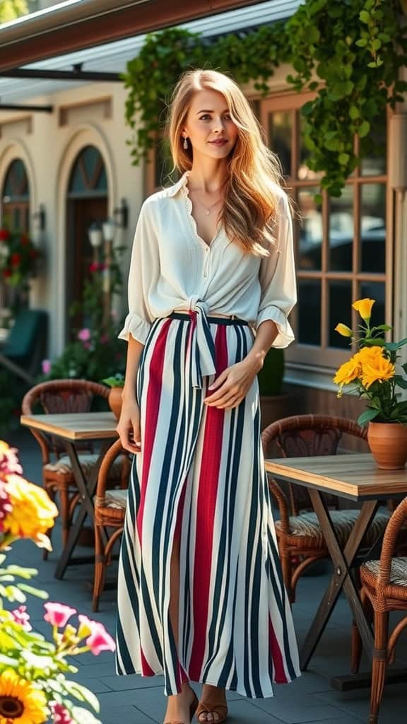 A woman wearing a striped midi skirt and a flowy blouse, styled for summer outings