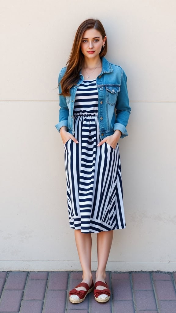 A girl sitting on a bench wearing a striped midi dress, denim jacket, and espadrilles, surrounded by greenery.