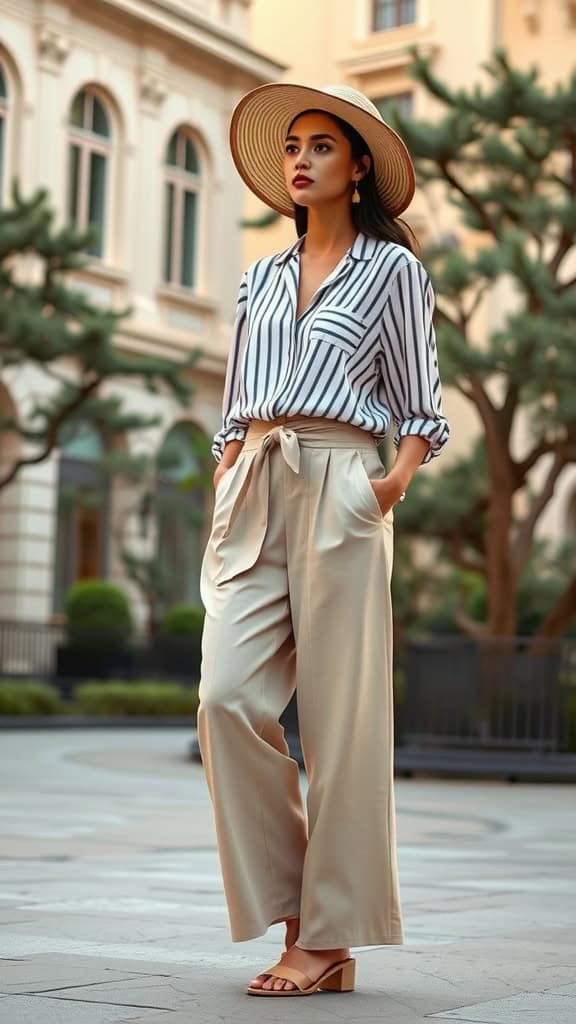 A woman wearing a striped shirt and flowy culottes, accessorized with a wide-brimmed hat, showcasing a sophisticated and casual outfit.