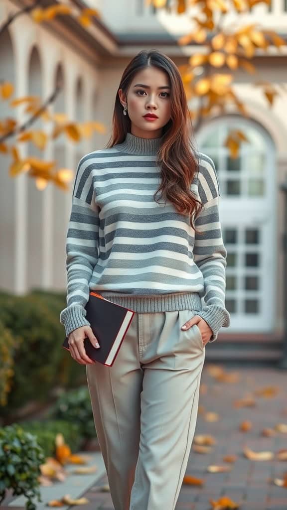 A woman wearing a striped sweater and neutral trousers, standing outdoors with a notebook.