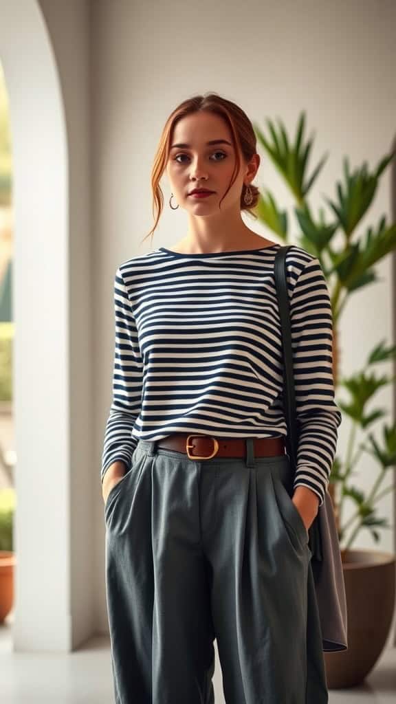 A young woman wearing a striped long-sleeve shirt and wide-leg culottes, standing in a modern space.