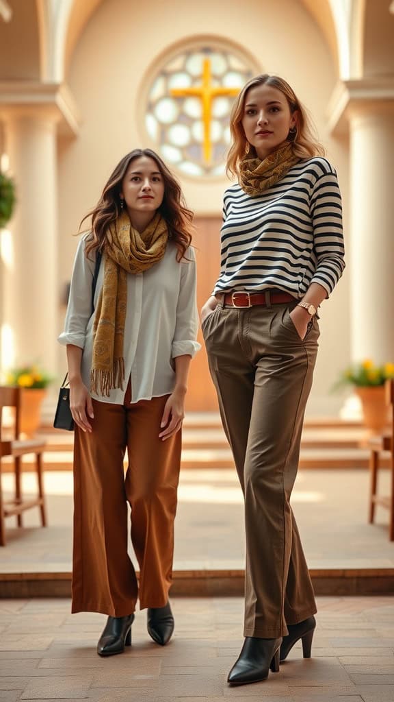 Two women wearing casual church outfits; one in a striped top and wide-leg pants, the other in a white shirt and brown wide-leg pants.