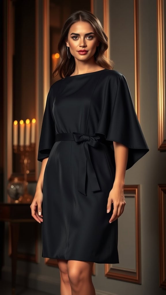 A woman wearing a structured A-line dress with a dramatic cape detail, showcasing a stylish modest formal outfit.