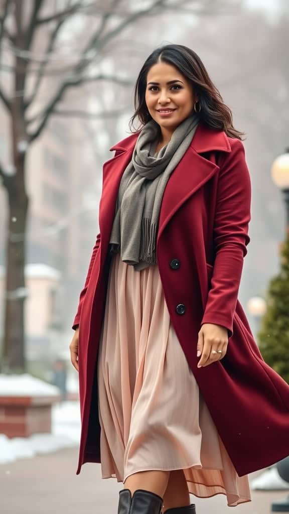 A mannequin displaying a structured orange coat over a flowy beige dress, set against a snowy window backdrop.