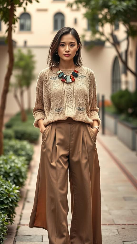 A woman wearing a knit top and culottes with a statement necklace, standing in a garden.