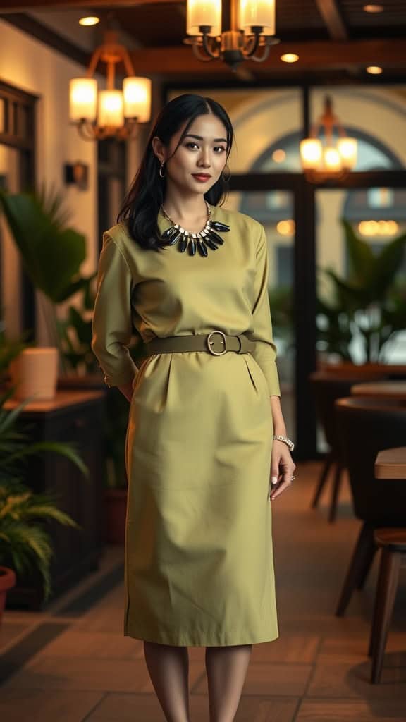 A woman in a structured, knee-length dress with a bold necklace and boots, posed in a stylish indoor setting