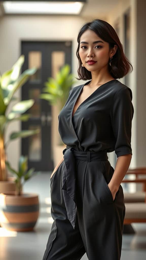 A woman in a structured black jumpsuit with a belt, posing confidently in a modern office space.