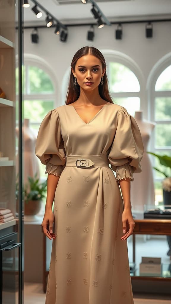 A model wearing a structured midi dress with puff sleeves, showcasing a classic and elegant look.