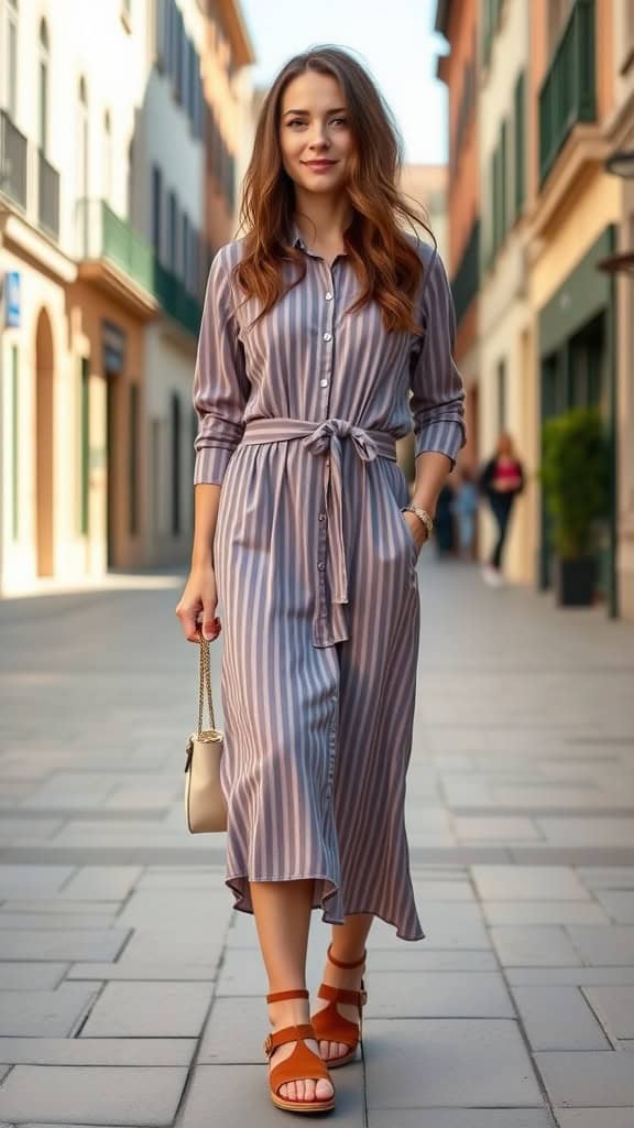 A woman wearing a structured shirt dress stands in a street with colorful dresses hanging in the background.