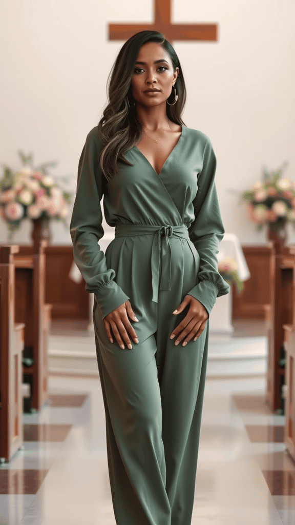 A long-sleeved brown jumpsuit with a cinched waist displayed in a church setting.