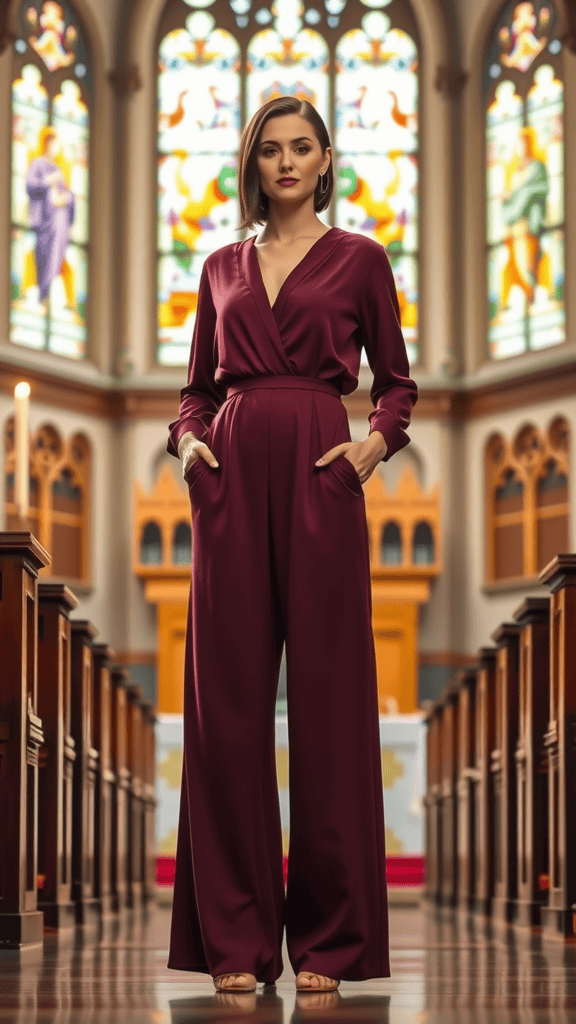 A stylish wide-leg jumpsuit displayed in a church environment, featuring long sleeves and a modest neckline.