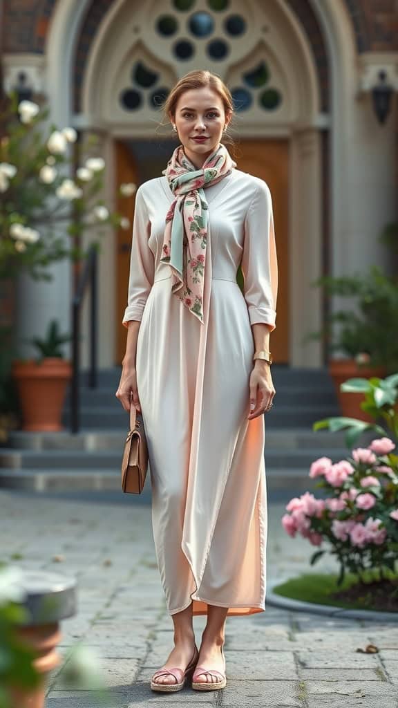 A woman in a pastel dress with a floral scarf and espadrilles, standing in front of a church with flowers around.