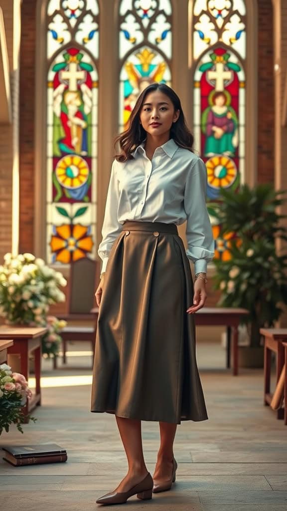 A woman in a collared shirt and an A-line skirt standing in a church, with stained glass windows in the background.