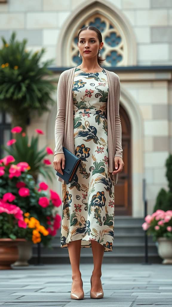 A woman in a printed dress with a neutral cardigan and pumps, standing in front of a church entrance.