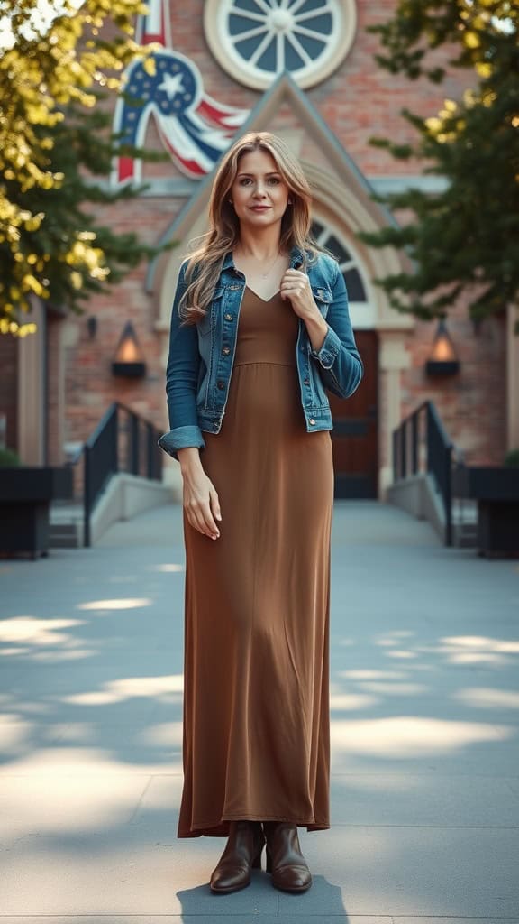 A woman wearing a solid maxi dress with a denim jacket and ankle boots, standing outside a church.