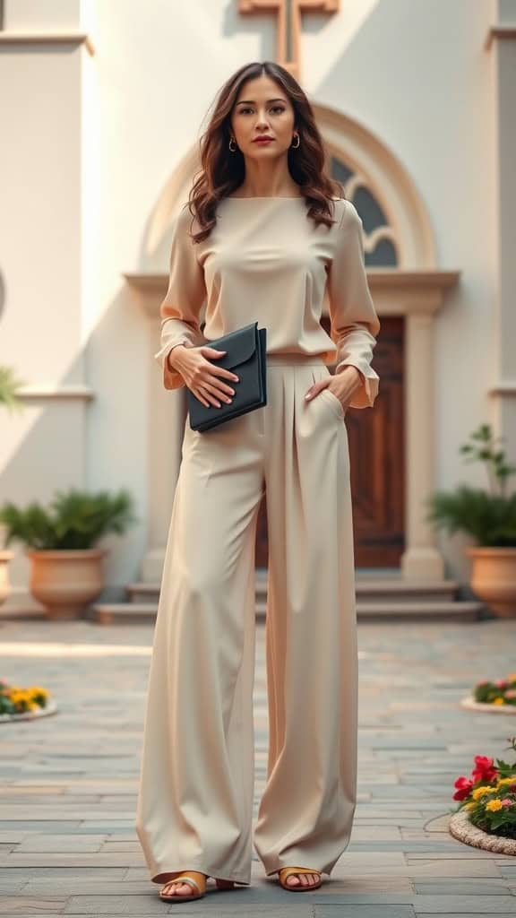 A woman wearing flowy beige palazzo pants and a fitted top, holding a black structured bag, posing in front of a church.