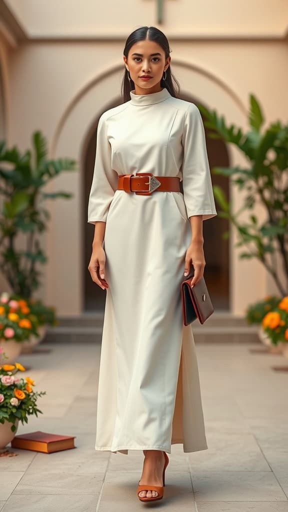 A woman wearing a cream dress with a bold brown belt and matching shoes, standing in a floral courtyard