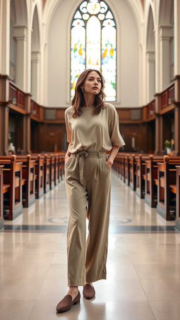 A stylish outfit featuring high-waist wide-leg trousers and a flowy top, paired with loafers, displayed in a church setting.