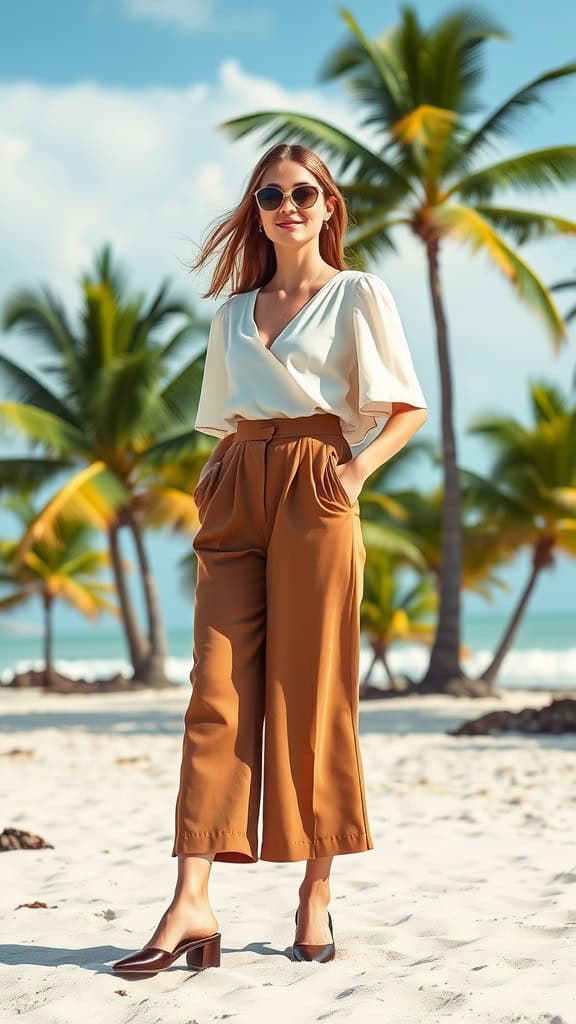 Two women wearing stylish culottes and puff-sleeve blouses, posing outdoors near palm trees