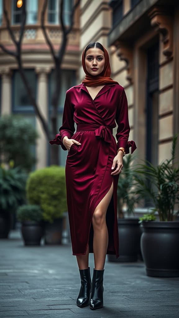 A woman in a satin wrap dress with a statement belt and heeled boots, showcasing a modern goth aesthetic.