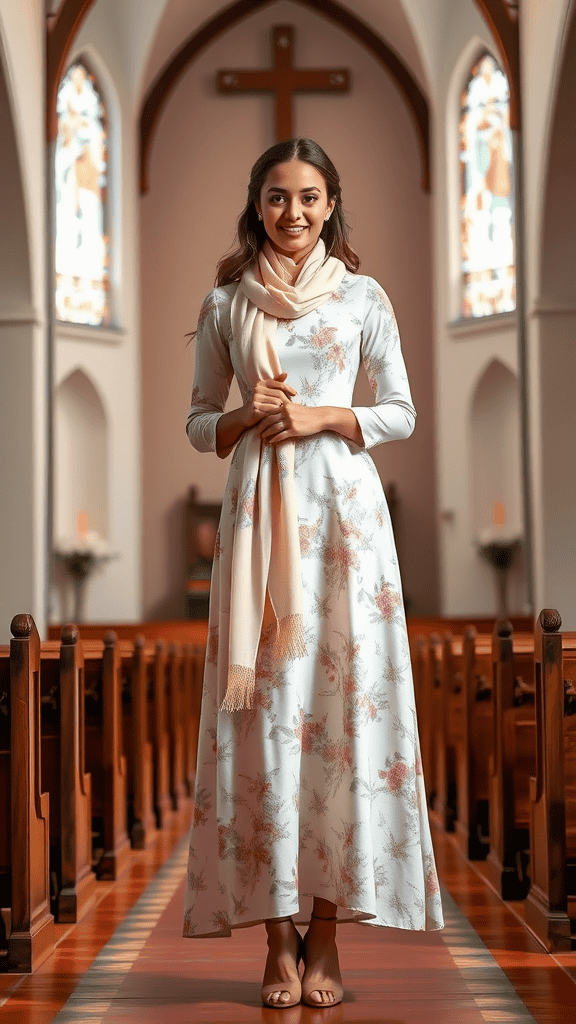 A modest, floral-printed church dress displayed on a mannequin with a matching scarf.