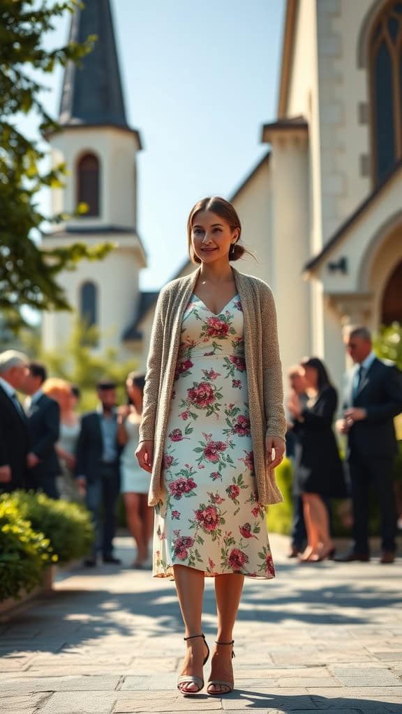 A stylish girl modeling a modest church outfit with a floral winter dress and a cardigan in a serene courtyard.