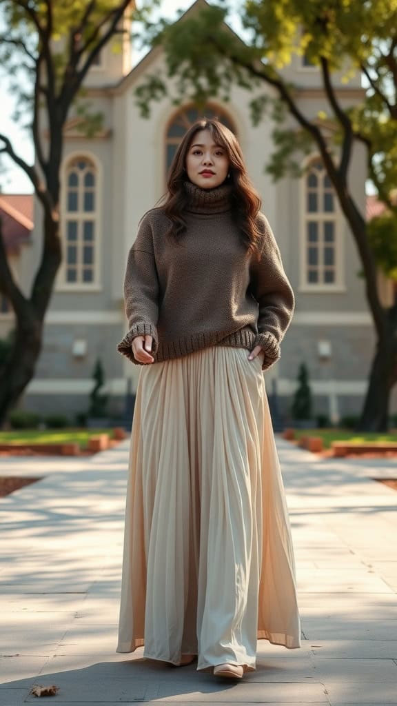 A stylish girl wearing a cozy sweater and a long maxi skirt, walking in a serene courtyard, showcasing modest church outfit inspiration.