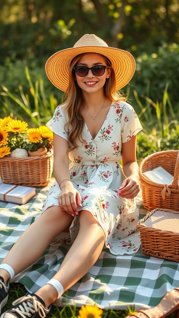 A young woman wearing a knee-length floral dress and a sunhat, sitting on a picnic blanket with sunflowers around her.