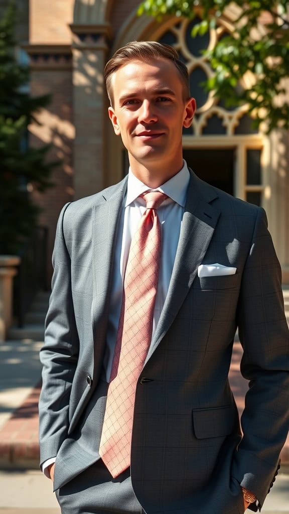 A man in a sharp suit with a pastel tie, smiling confidently outdoors, showcasing a polished church attire.