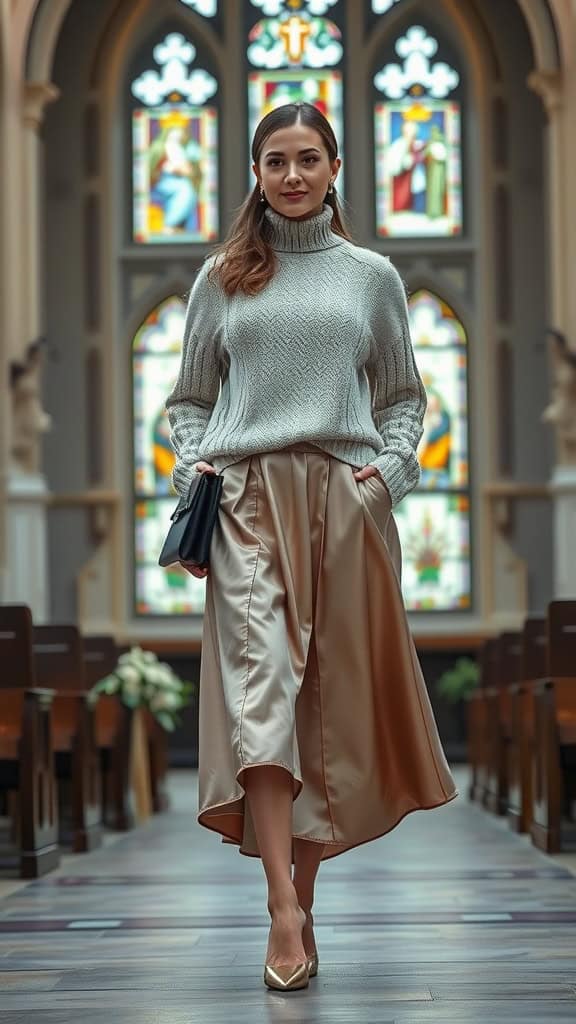 A woman in a cozy chunky knit sweater and a satin skirt walking in a church setting.