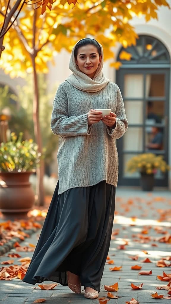 A woman in a cozy sweater and maxi skirt stands outdoors surrounded by fall leaves, holding a warm drink.