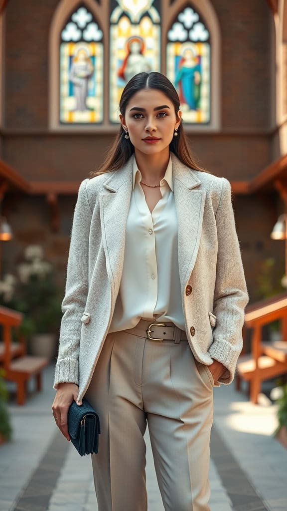 A woman in a knit blazer, blouse, and tailored pants standing in a church setting with stained glass windows.