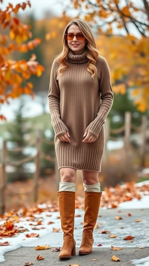 A woman in a beige knitted sweater dress and knee-high boots, standing on a path covered in autumn leaves