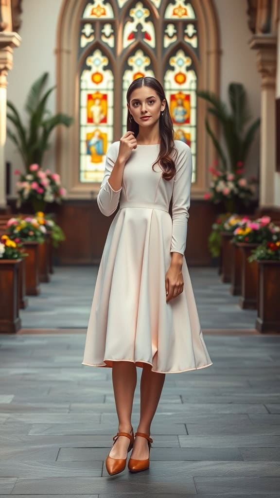 A young woman in a flowy swing dress and vintage Mary Jane shoes in a church setting.