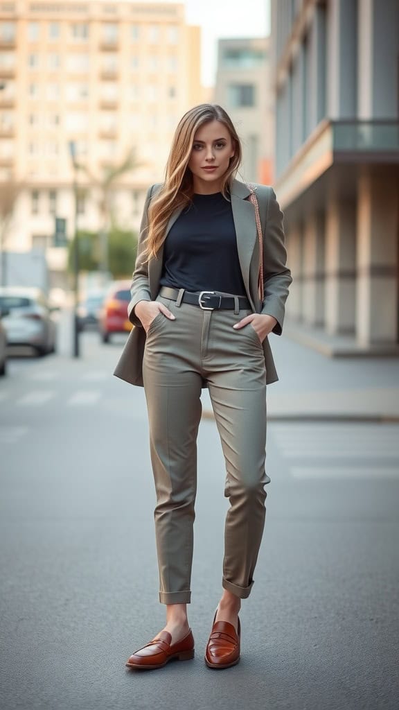 A mannequin displaying a smart casual outfit with tapered pants, a tucked-in tee, and loafers in an outdoor setting.